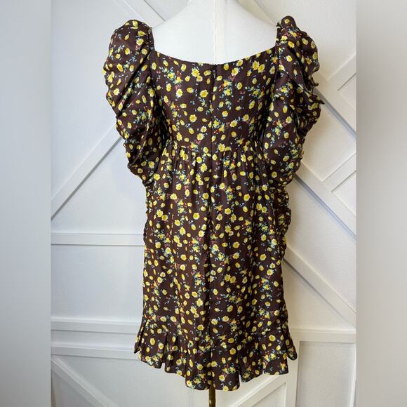 NWT AUTUMN ADEIGBO Bridgette 100% Silk Puff-Sleeve Mini Dress Brown Size 4 - Picture 6 of 16